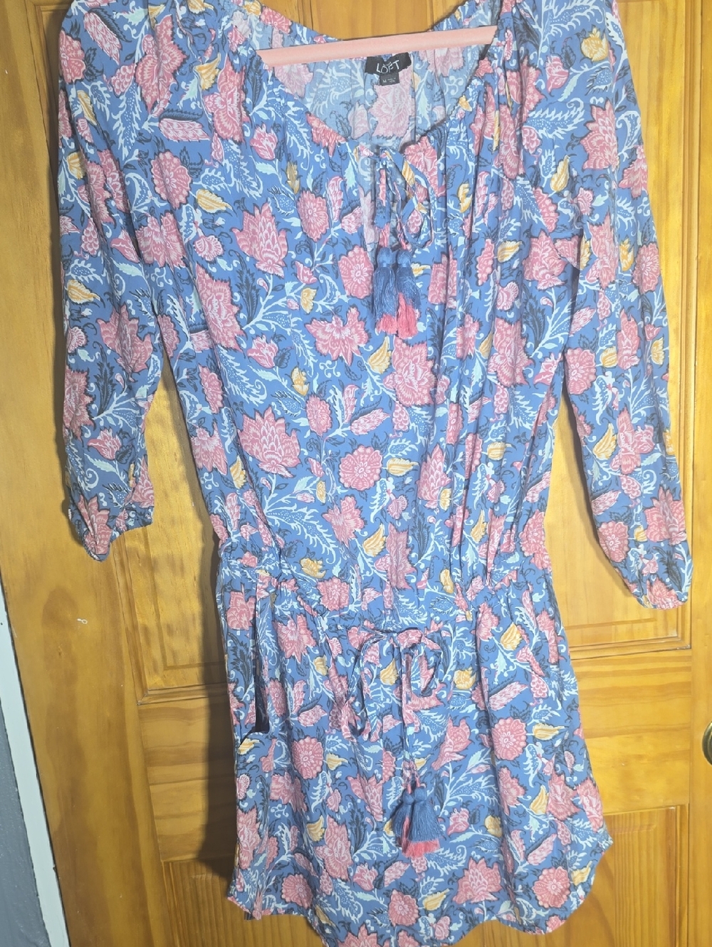 Anne Taylor LOFT Blue Floral Tie-Waist Shorts Romper with Pink and Yellow Accent
